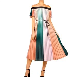 Ted Baker Color Blocked Pleated Dress, Black, Green, Pink, Ted Size 3 (Medium)